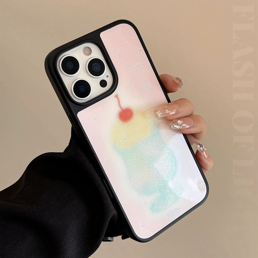MUQGEW Handyhülle mit Kirschsaft-Design und Glitzer-Effekt für iPhone 12 bis 16 Pro Max, Schwarz und Multicolour, stoßfeste Acryl-Schutzhülle - Bild 2