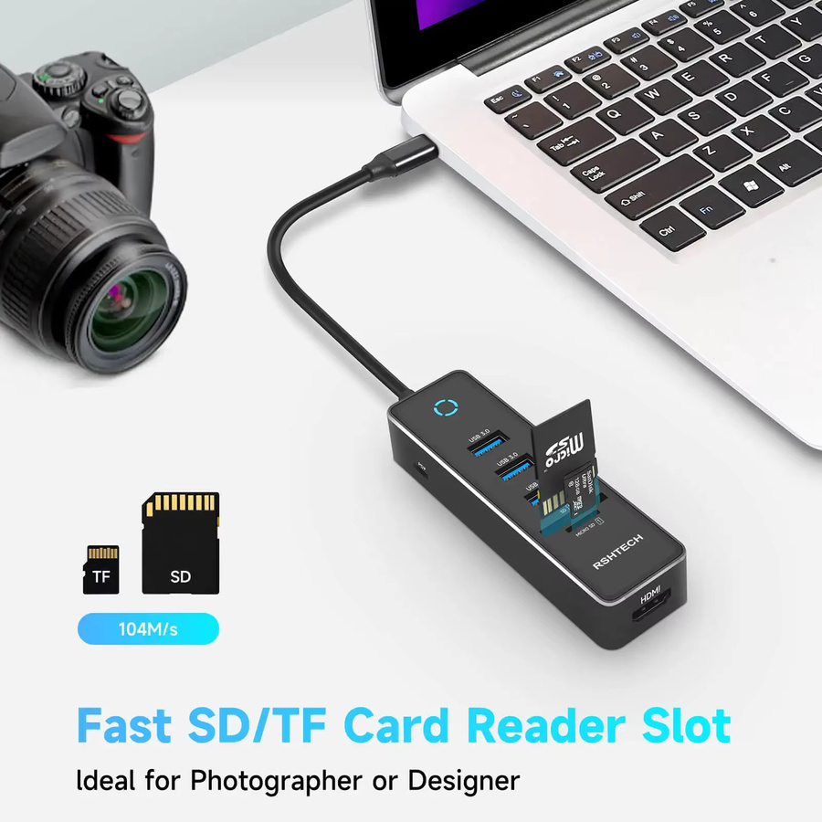 RSHTECH USB-C-Hub-Dongle-Adapter in Silber/Grau mit 4K HDMI, 3x USB 3.0, 100W PD und SD/TF-Kartenleser aus Aluminium für PC und Laptop - Bild 6