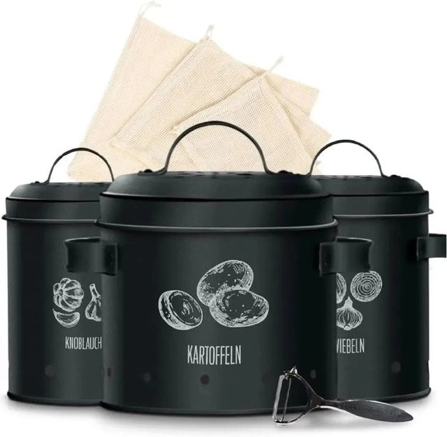 KitchenQuality Kartoffelaufbewahrungsbox 3er-Set aus Metall in Schwarz und Silber inklusive Schäler und Beutel - Bild 1