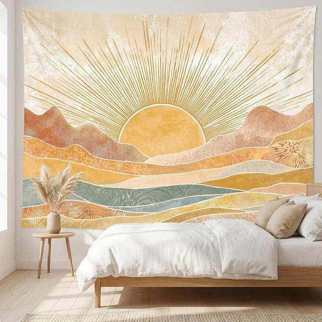 Boho Sonne Berg Wandteppich von Tee Culture in Beige, abstrakte geometrische Landschaft im Vintage-Stil, B x H: 100 x 150 cm - Bild 1