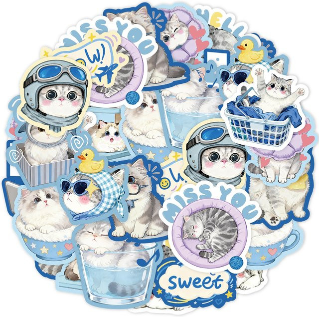 Etori Life 30 Stück Katzen-Cartoon-Aufkleber in Blau und Multicolour für Laptop, Handy und Bürodekoration - Bild 1