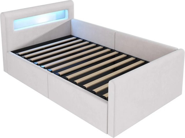 Merax Kinderbett mit Hydraulik-Lift, LED-Beleuchtung und USB-Anschluss, Samt Beige, B/T/H: 90 x 200 x 40 cm - Bild 1