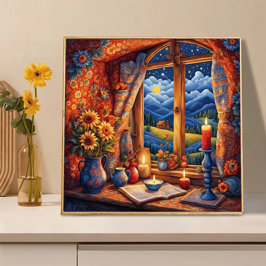 Huacan Diamant-Malerei Fensterbild Rund mit Mosaik-Nachtlandschaft und Mond-Motiv, Multicolour - Bild 2