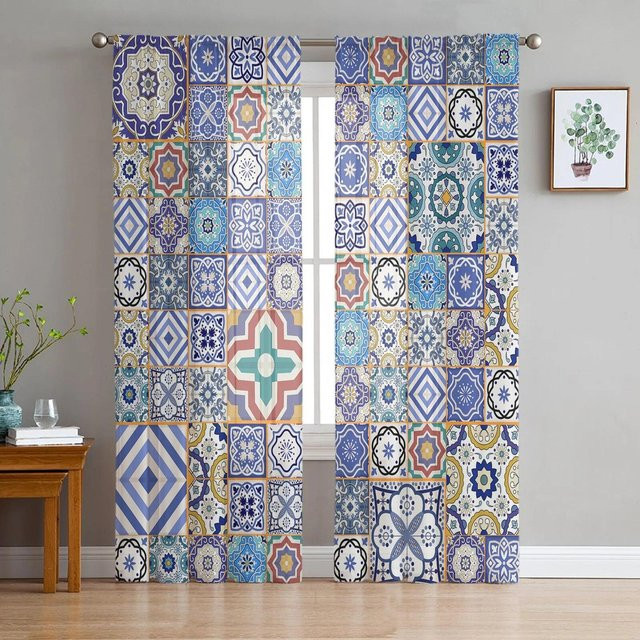 Transparente Marokko-Ornament-Tüllvorhänge von A Family Of Home Textiles in Blau, B/H: 135 x 114 cm - Bild 1