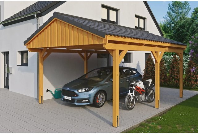 Skan Holz Carport Fichtelberg aus Fichte und Leimholz mit spitzer Dachform in Beige, B/T/H: 423 x 566 x 326 cm - Bild 1