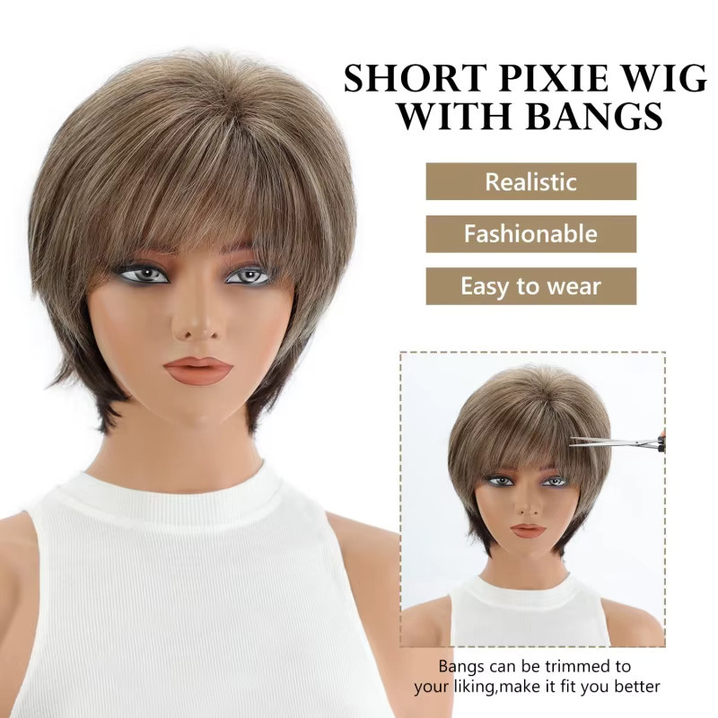 Suri Hair Kurzhaar-Perücke mit Pony, dunkelbraun-blond, glattes Kunsthaar, Damen - Bild 3