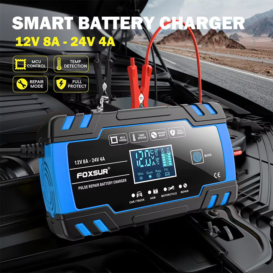 Foxsur Batterieladegerät mit LCD-Display für 12V und 24V Auto, Motorrad und LKW mit Puls-Reparaturfunktion für AGM und Blei-Säure-Batterien in Gelb-Blau - Bild 2