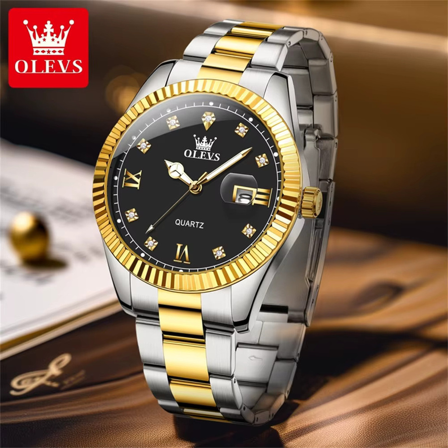 OLEVS Armbanduhr, Quarz, Edelstahl, Gold, Schwarz, Herren - Bild 2