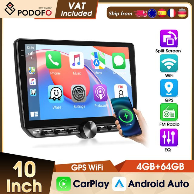 Podofo Universelles 2DIN Autoradio mit 4GB RAM und 64GB Speicher, Kabelloses CarPlay, Android Auto, Mirror Link, GPS, WLAN und Bluetooth in Schwarz - Bild 1