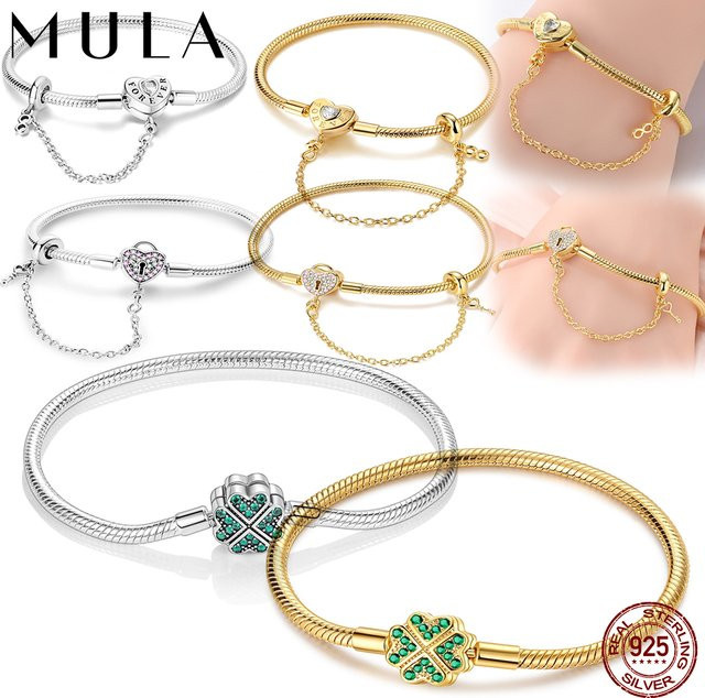 MULA Charm-Armband 925 Silber, goldenes Herz, Liebesschlüssel, Kleeblatt, Damen - Bild 1