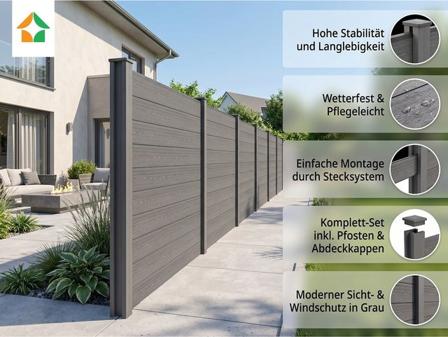 Prestige Home Living Outdoor WPC Sichtschutzzaun Caracas in Grau mit 5 Zaunelementen und 6 Pfosten - Bild 1