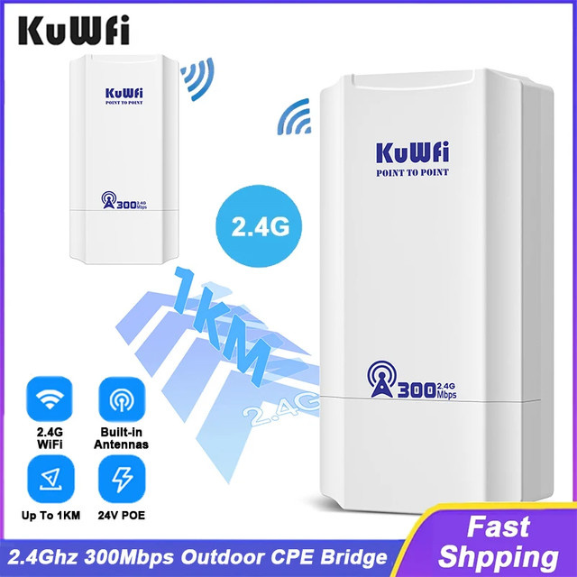 KuWFi CPE-Brücke für den Außenbereich, 300 Mbit/s, 2,4 GHz WLAN-Signal, PTP und PTMP, Fern-Extender, AP-Repeater-Modus, IP65, Farbe: Weiß, mit 24 V POE - Bild 1