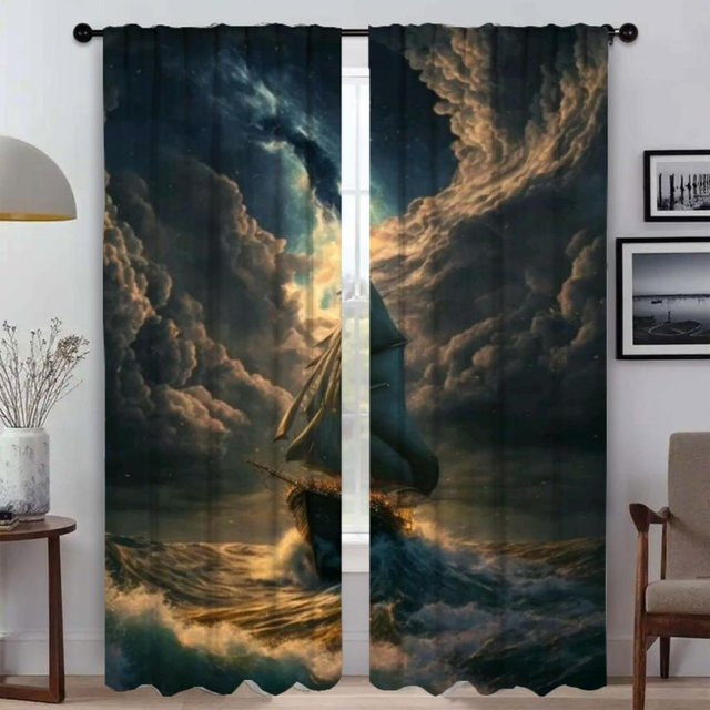 2er-Set Verdunkelungsvorhänge mit Schiffsillustration in Multicolour für Wohnzimmer und Schlafzimmer, B: 50 cm, H: 70 cm - Bild 1