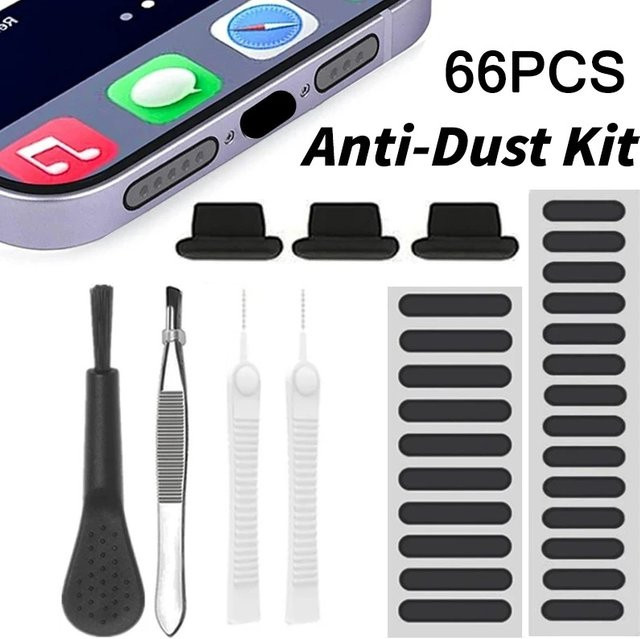 66-teiliges Reinigungsset für Handy-Lautsprecher und Ladeanschlüsse, Staubentferner und Reinigungsbürsten für iPhone, Samsung und Xiaomi - Bild 1