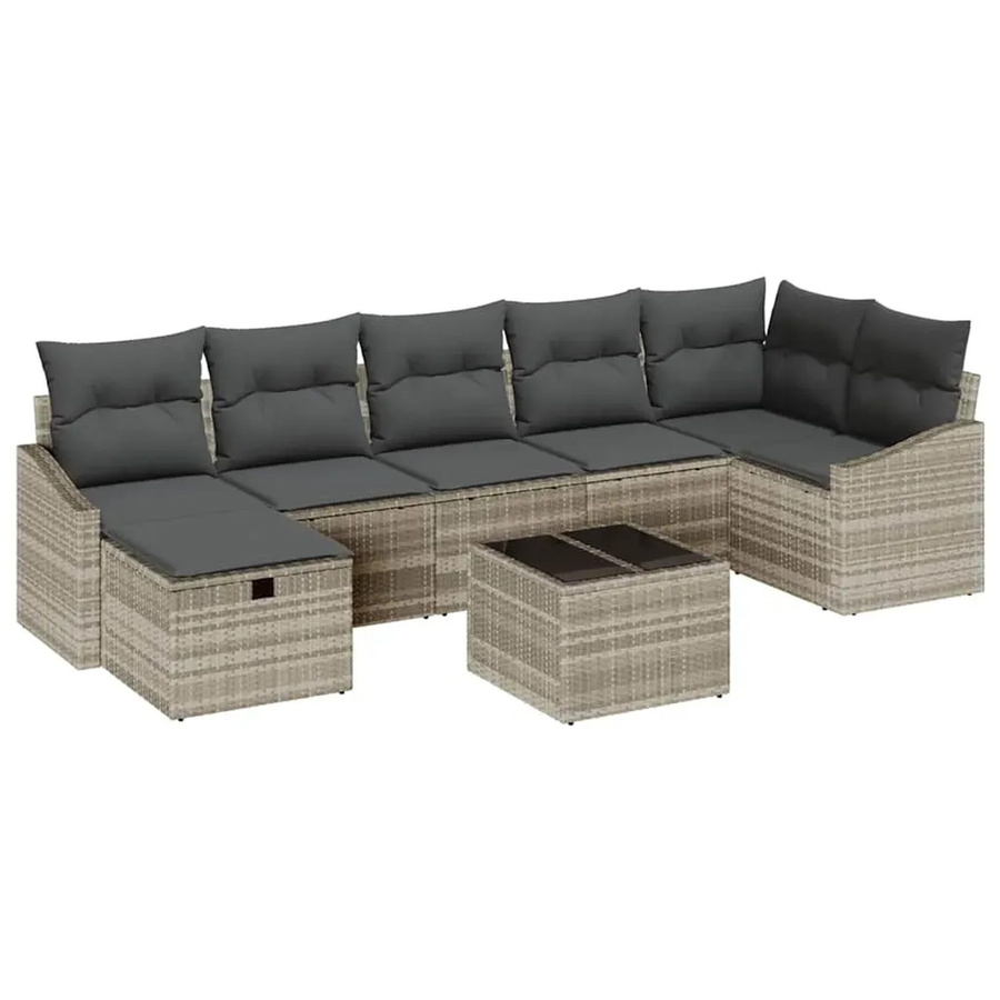 vidaXL Garten-Sofa-Set 8-teilig in U-Form mit Kissen und Ottoman, Hellgrau, Poly-Rattan und Metallrahmen - Bild 2