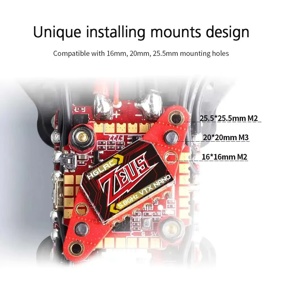 HGLRC Zeus Nano VTX FPV-Sender mit integriertem Mikrofon, 5,8 GHz, 2,4 GHz, 40 Kanäle, Farbe: Rot, Unterstützung für 16 mm, 20 mm und 25,5 mm Lochunterstützung - Bild 3