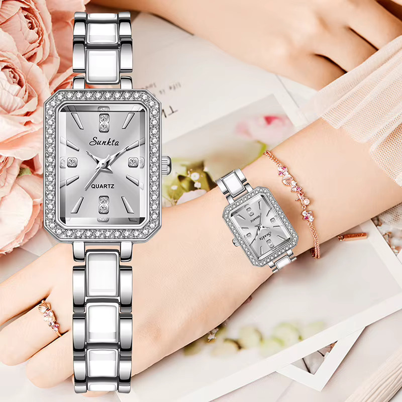 SUNKTA Armbanduhr, Quarz, rechteckig, Edelstahl, Diamantbesetzt, Damen - Bild 1