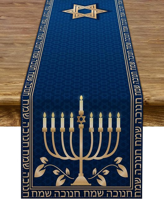 JINGYUE Pet Chanukka Menora Tischläufer aus Leinen in Blau, B/T: 150 x 33 cm - Bild 1
