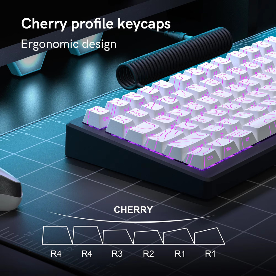 Mechanische MX Gamer-Tastatur mit 97 Tasten und Hintergrundbeleuchtung, PBT-Tastenkappen mit Double Shot Side Print, Weiß/Schwarz - Bild 3
