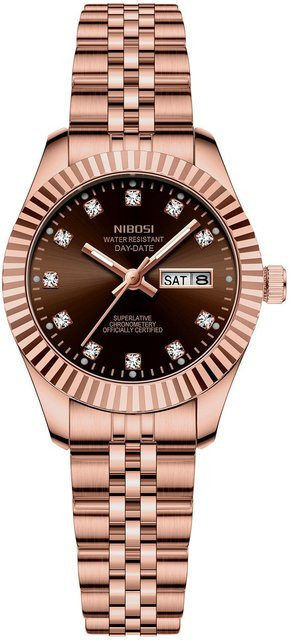 Nibosi Armbanduhr, Quarz, Edelstahl, Gold, Schwarz, Diamantbesetzt, Damen - Bild 1