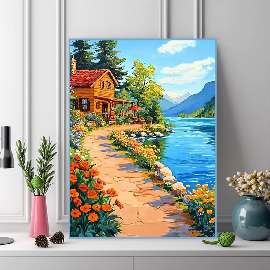 Momoart Diamantmalerei DIY Bild Landschaft Dorf mit Fluss und Haus, Multicolour, B/H: 30 x 30 cm - Bild 3