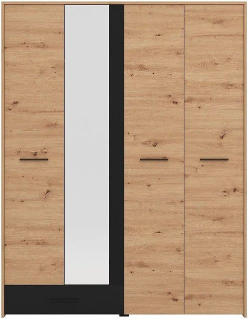 Vente-unique Kleiderschrank Nipova in Schwarz und Naturfarben Hell mit integrierten Schubladen und Spiegel, B/T/H: 157,5 x 53,0 x 203,5 cm - Bild 1