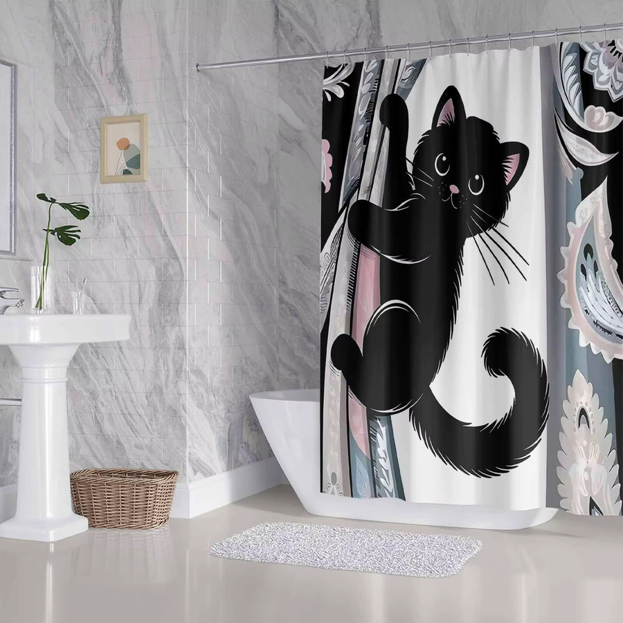 VIKAMA Duschvorhang mit schwarzem Katzenmuster in Schwarz/Mehrfarbig, Höhe: 180 cm, Breite: 90 cm - Bild 3