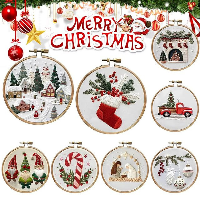 Alloet DIY Stickerei Kit Weihnachts Kranz mit gedrucktem Muster für Kreuzstich und Handarbeit, Mehrfarbig, Durchmesser: 20 cm und 15 cm - Bild 1