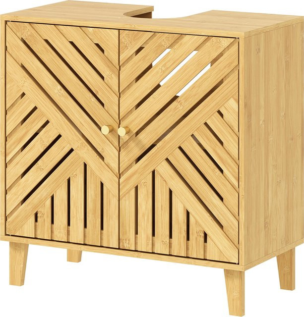 HOMCOM Bambus Waschtischunterschrank in Natur mit 2 Türen und verstellbarem Regal im skandinavischen Stil, B/T/H: 60 x 30 x 60 cm - Bild 1
