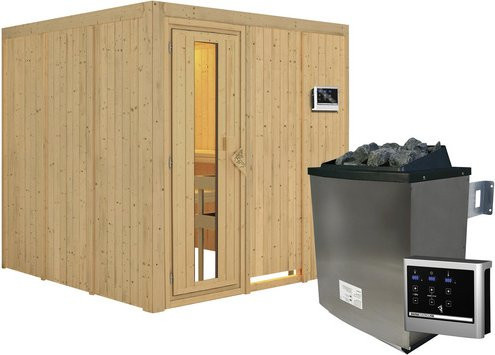 Karibu Sauna Valga aus Fichtenholz in Beige mit 9 kW Saunaofen und externer Steuerung für 4 Personen, B/T/H: 196 x 198 x 196 cm - Bild 1