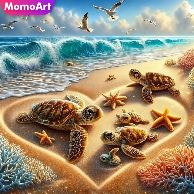 Momoart DIY Diamond Painting Set Meeresschildkröte und Seestern als rundes Wandbild in Multicolour, Durchmesser: 20 cm - Bild 1