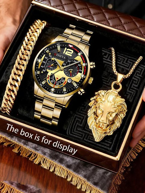 CMK Schmuck-Set, Armbanduhr, Halskette mit Löwen-Anhänger, Edelstahl, Gold, Herren - Bild 1