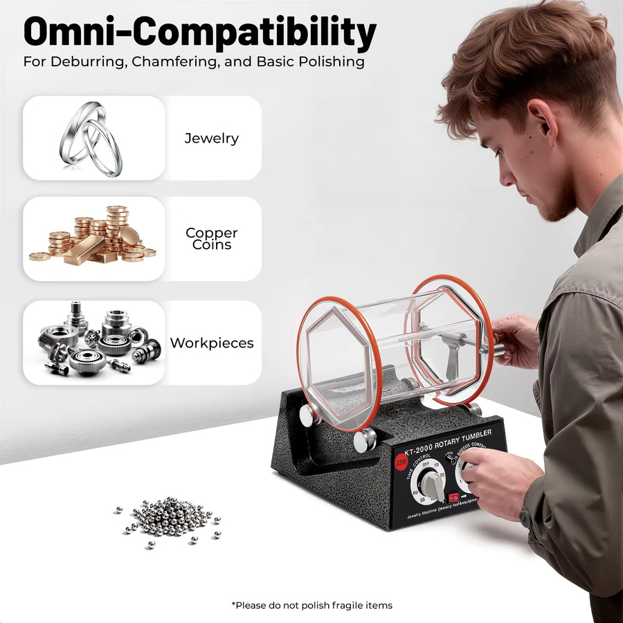CNCEST Poliermaschine mit 150W Leistung, Vorwärts- und Rückwärtsfunktion, 5 Geschwindigkeitsstufen, 500-3000 U/min, Timer 0-60 Min, transparenter Behälter, Schwarz/Transparent - Bild 2