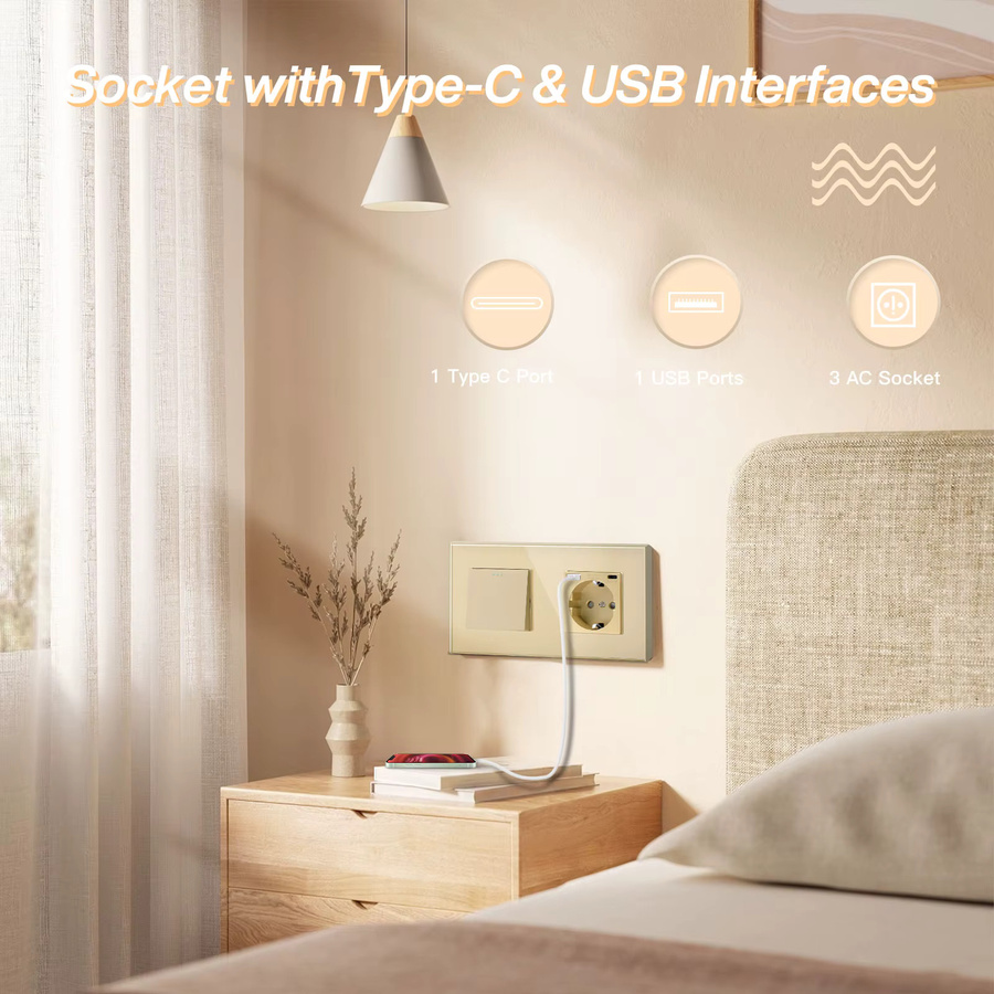 BSEED Mechanischer Wandtastenschalter und 1-Wege-Wandsteckdose mit USB Typ C Ladeanschluss und Glasrahmen - Bild 1
