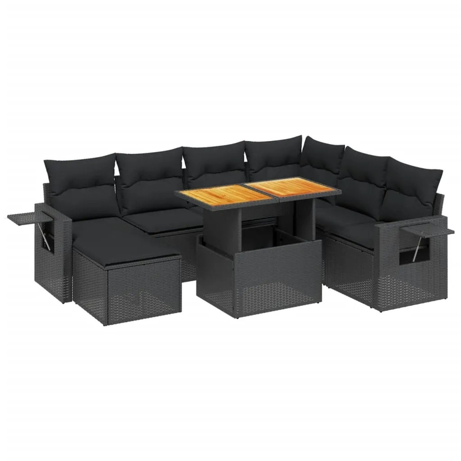 vidaXL 8-teilige Garten-Sofagarnitur in L-Form aus schwarzem Poly-Rattan mit Kissen und Akazienholz - Bild 2