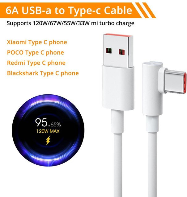 Fonken Xiaomi 120W 6A USB Typ C Schnellladekabel mit 90 Grad Ellenbogen Shark-Kabel in Schwarz und Weiß - Bild 1