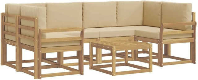 vidaXL Outdoor-Sofagarnitur aus Akazienholz in L-Form mit Kissen und Couchtisch, 7-teilig, Weiß und Beige - Bild 1