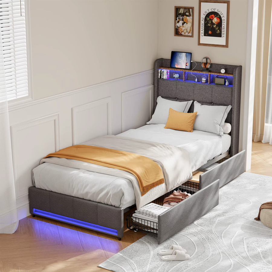 Rosahqnda Kinderbett mit LED-Beleuchtung, USB-Ladegeräten und Stauraum in Beige, Schwarz und Grau, B/T: 90 x 200 cm - Bild 3
