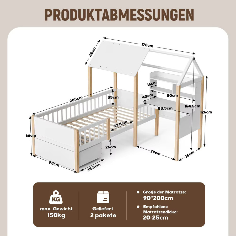 Multifunktionales Kinderkabinenbett aus Massivholz in Weiß mit L-förmigem Schreibtisch, Bücherregal, rollenden Schubladen und Sicherheitsgeländer, B/T/H: 90 x 200 x 205 cm - Bild 2