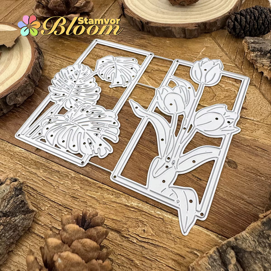 Metall-Stanzform für Scrapbooking mit Blumen, Blättern, Tulpen und Monstera Deliciosa im quadratischen Rahmen, Silber - Bild 3