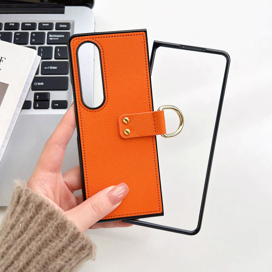 Samsung Handyhülle aus Leder mit Ringschnallenhalter für Galaxy Z Fold 7 6 5 4 5G in Orange, matt und anti-fall - Bild 2
