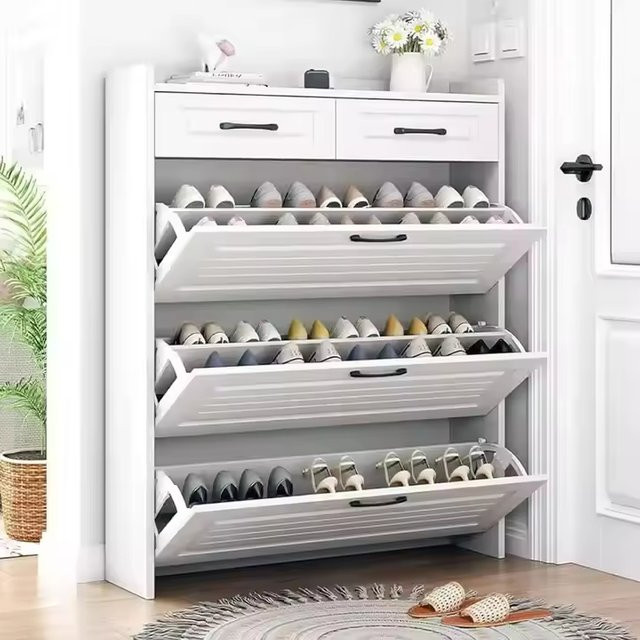 XMSJ Schuhregalschrank modern in Weiß mit Kippfächern aus Holz und MDF für dein Wohnzimmer - Bild 1