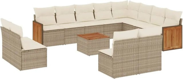 vidaXL 13-teilige Garten-Sofagarnitur aus Poly-Rattan und Akazienholz in Beige-Creme mit Kissen - Bild 1