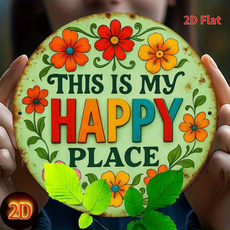 Potdemiel Vintage Rundes Eisenschild This is My Happy Place mit bunten Blumen, Durchmesser: 20,32 cm, Rustikale Wanddekoration aus Metall - Bild 3