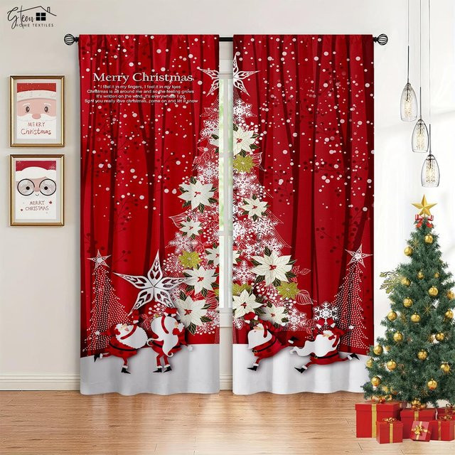Yiran Furniture Weihnachtsdekoration Vorhänge mit 3D-Druck, Rot, B: 50 cm, H: 130 cm, 2er-Set - Bild 1