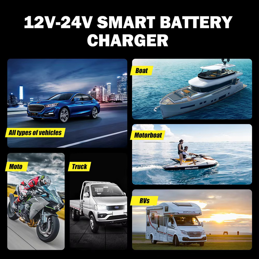 Foxsur Batterieladegerät mit LCD-Display für 12V und 24V Auto, Motorrad und LKW mit Puls-Reparaturfunktion für AGM und Blei-Säure-Batterien in Gelb-Blau - Bild 5