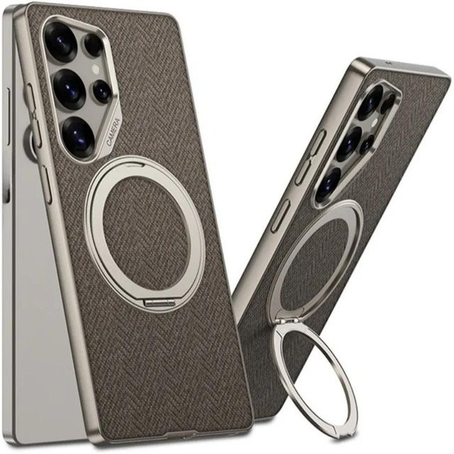 Samsung Galaxy S25 S24 S23 Ultra Schutzhülle aus PU-Leder mit 360 Grad drehbarem Ringhalter in Grau - Bild 1