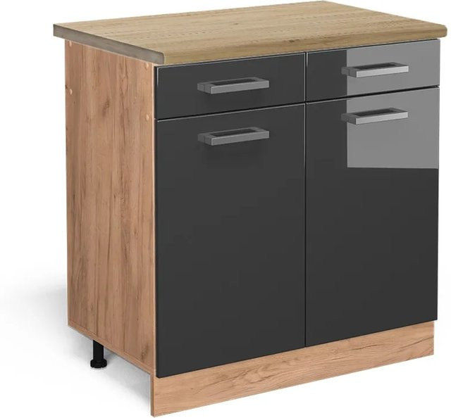 Vicco Küchenunterschrank R-Line in Anthrazit Hochglanz und Eiche mit Goldakzenten, B/T/H: 80 x 60 x 81,6 cm - Bild 1
