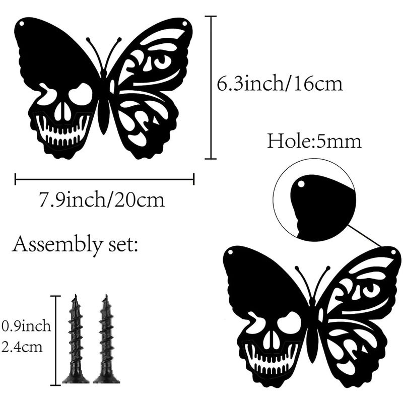 CIFBUY Wandkunst aus Metall Schädel und Schmetterling in Schwarz als Wandbehang und Ornament für Halloween - Bild 2