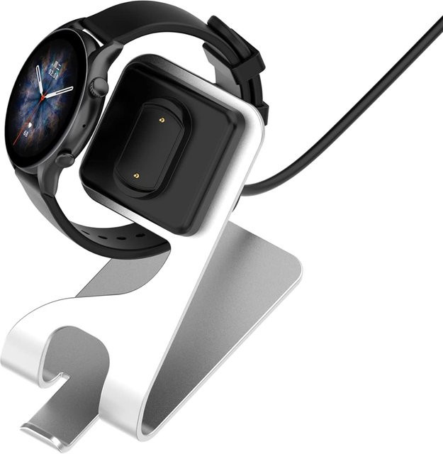Hujerl Metall-Ladeständer für Amazfit GTR 4, GTR 4 Pro, GTS 4, T-Rex 2, GTS 3, GTR 3, GTR 3 Pro, T-Rex Ultra und CHEETAH PRO Ladestation in Silber - Bild 1